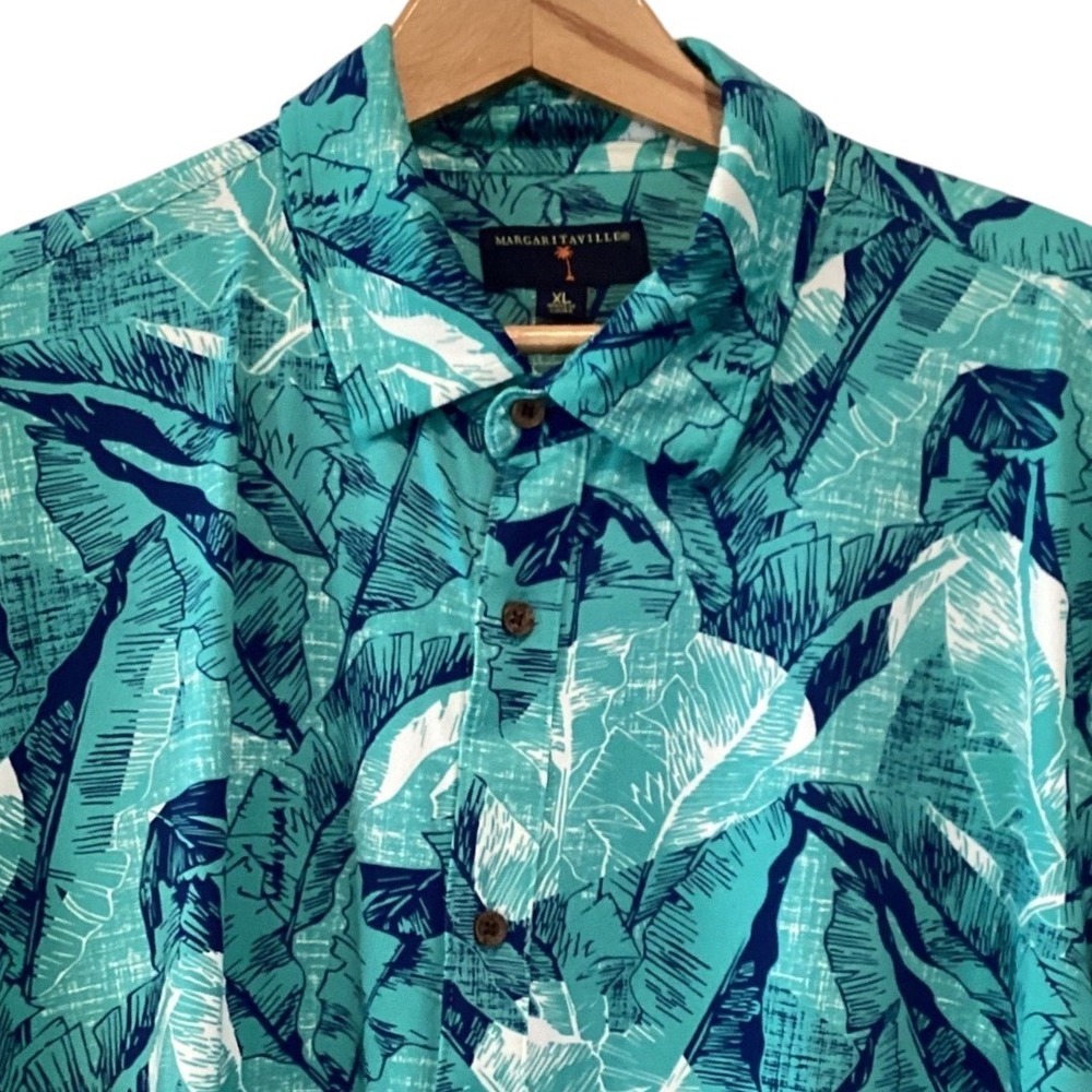 Margaritaville Mens XL Teal Blue Tropical Palm Leaf Print Button Front Shirt